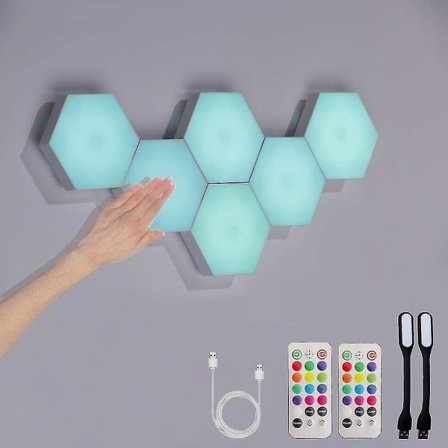 Hexagonale lys med fjernbetjening, smarte DIY Hexagon-væglamper, dobbeltkontrol Hexagonale LED-lys vægpaneler med USB-strøm