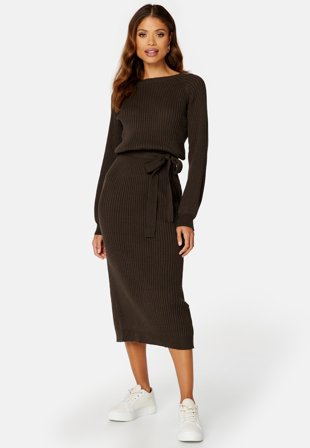 BUBBLEROOM Round Neck Rib Knitted Midi Dress Klær