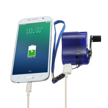 Vevkäyttöinen USB-käsikäyttöinen dynamolaite latauslampulla Matkapuhelimen hätälaturi USB sininen