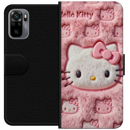 Kompatibelt Lommeboketui til Xiaomi Redmi Note 10S Hello Kitty rosa fluffy bakgrunn med ikoniskt ansikt og kawaii-estetikk