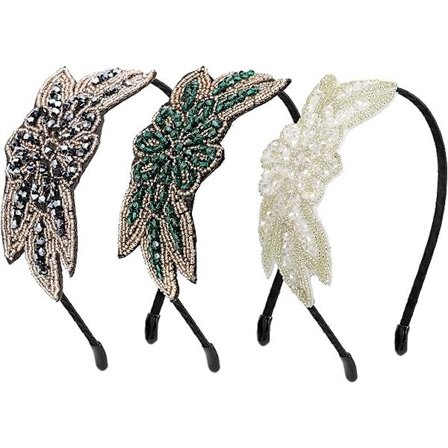 3 retro-hårband för kvinnor på 1920-talet, brummande pärlströsslade festkläder, 3 svarta vita gröna 1920-tals håraccessoarer, kvinnors 1920-tals 
