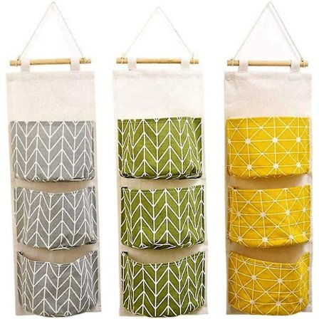 Ophængt opbevaringspose med 3 lommer, 60 x 20 cm, foldbar lærredsstof, vandtæt vægophængt organizer til børneværelser, badeværelser, seng