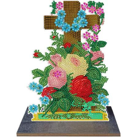 Diamantmaleri skrivebordsornament Kors og blomster Diamantmaleri skrivebordsdekorasjon DIY enkelt S