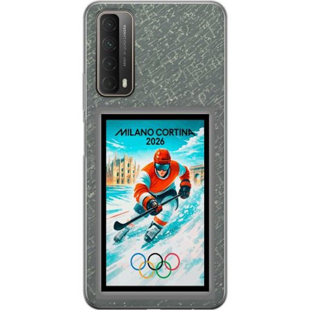 Yhteensopiva Puhelinkuori Huawei P smart 2021 Curlingkuvitus pelaajilla ja kivillä jäällä, Milano Cortina 2026, lumisia roiskeita ja olympiasormukset
