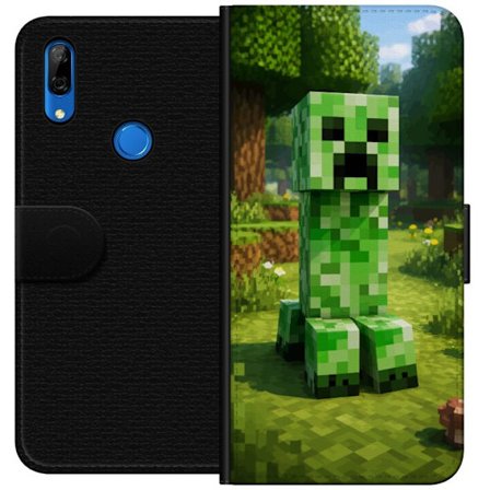 Kompatibelt Plånboksfodral till Huawei P Smart Z Block-baserad Creeper-figur i en grön pixell värld, ikonisk spelillustration för barnrum, gamers
