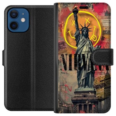 Kompatibelt Plånboksfodral till Apple iPhone 12 mini Nirvana Frihetsgudinnan rockband grunge design med neonbakgrund