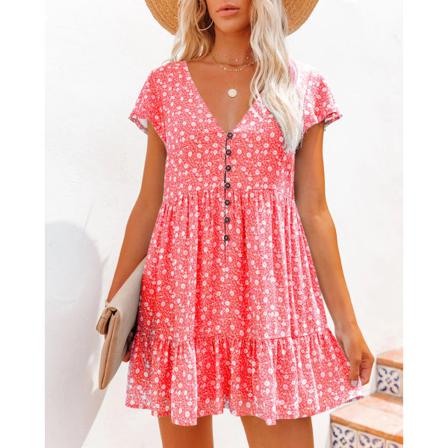 Sommar Kvinnor Chiffong Klänning Sexig V-ringad Blommig Mini Beach Ruffle