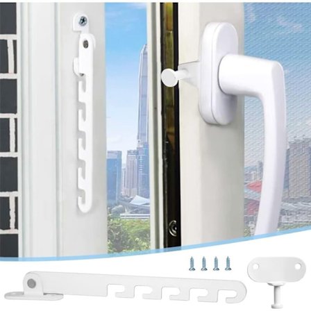 Vinduesbegrænser til vinduer med hængsler - Babysikkerhedslås - Anti-klem lås - Udadvendt åbning - Hvid - PVC standarder