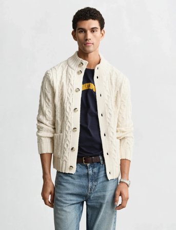 GANT Cable Cardigan - Cream - XXXL
