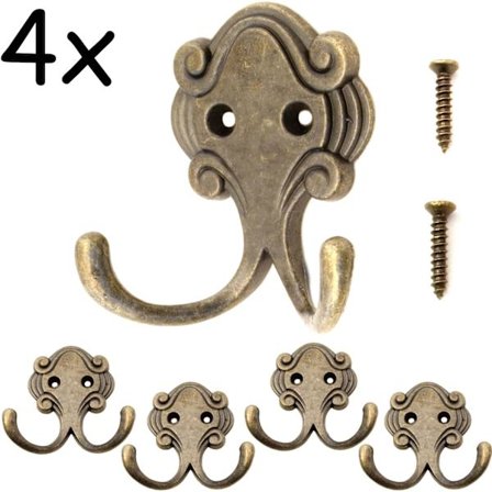 Antike Dobbelt Kroge, Frakkekroge, Håndklæde Kroge, Tøj Kroge, Jern Kroge i Messing Bronze Design, Vintage Landhus Retro, Sæt af 4