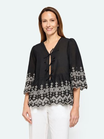 JENSEN - 3/4 Ærmet Bluse - Sort - Broderie Anglaise / Bindebånd