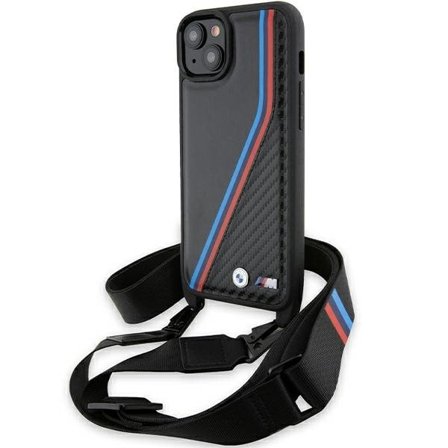 BMW M Edition Carbon Tricolor Lines & Strap-etui til iPhone 15 Plus / 14 Plus - sort