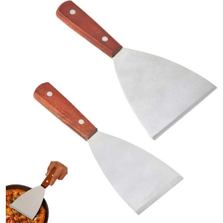 Stekspade i rostfritt stål med trähandtag för grillning - 2-pack, diskmaskinsäker, kompatibel med grill och teppanyaki