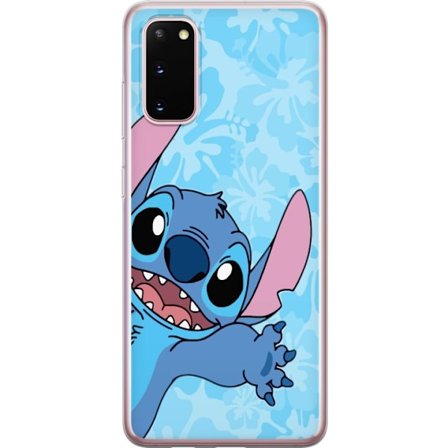 Kompatibelt Mobildeksel til Samsung Galaxy S20 Leken illustrasjon av Stitch som strekker seg mot kameraet på lyseblå blomstret bakgrunn