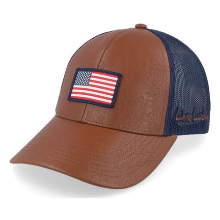 Black Clover - Brun trucker Keps - Noble Brown Leather W Navy Mesh W Usa Flag Patch @ Hatstore