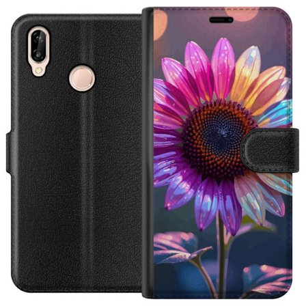 Kompatibelt Lommeboketui til Huawei P20 lite Irideserende blomst med glitrende kronblad i rosa lilla og gull mot myk bokeh bakgrunn