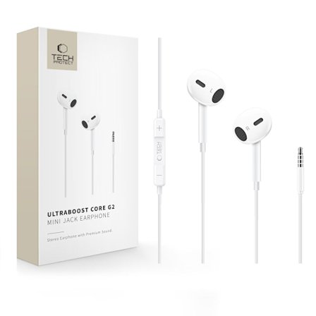 Tech-Protect In-Ear Hörlurar 3.5 mm AUX UltraBoost Vit