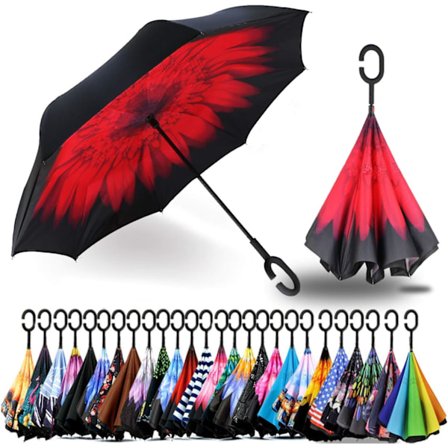 49 tommers omvendt paraply med dobbelt lag og vindtett design, ekstra stor dobbel baldakin ventilert vindtett vanntett paraply med C-formet håndtak.