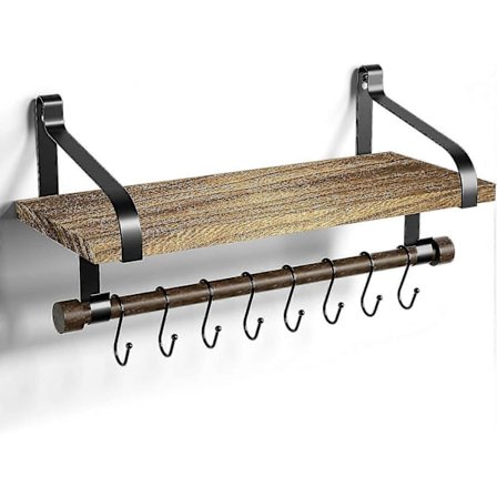 Flytende Vegghylle for Oppbevaring, Rustikk Krydderhylle i Tre til Kjøkken med Håndklestang og 8 Avtakbare Kroker for Organisering av Kokekar eller 