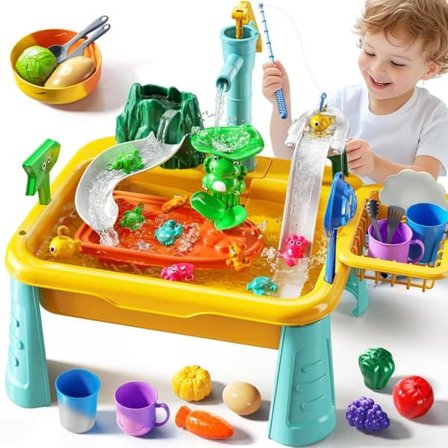 Water Table for Kids – Electric or Manual Water Pump, Fishing Game, Sensory Toy & Colorful Food Toys