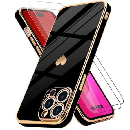 Cover til iPhone 15 Pro Sort stødsikkert luksus kærlighedshjertemønster og 2 hærdede briller