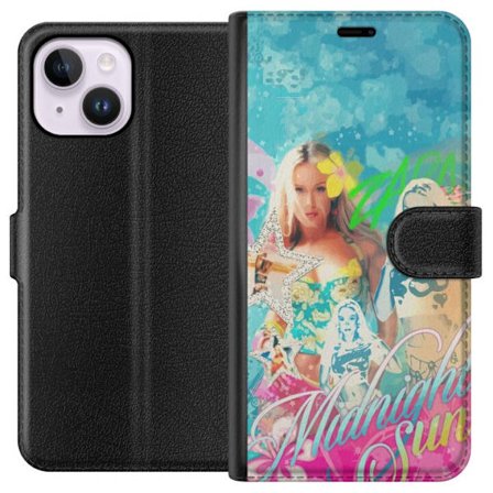 Yhteensopiva Lompakkokotelo Apple iPhone 15 Plus Seikkailumaailma Steve, Creeper ja eläimillä värikkäässä palikkagrafiikassa