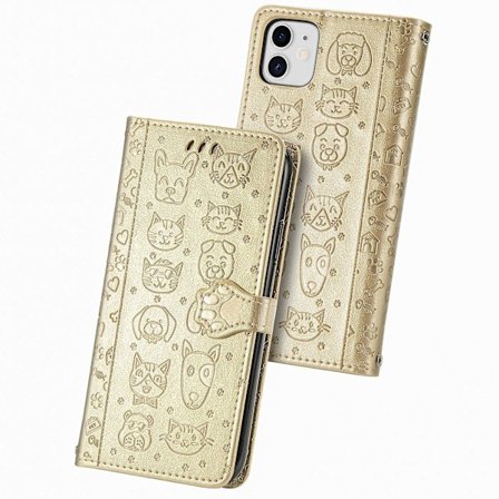 Case för Iphone 12 Flip-plånbok präglat cover Etui Housse Katt Hundmönster - Guld