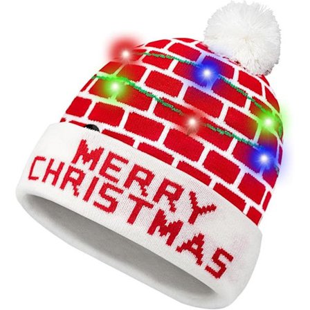 Joulupipo LED-valolla, lämmin ja hauska joulupipo, pörröinen neule, lomapipo, neulottu, hohtaa pimeässä