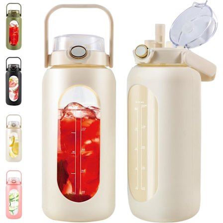2 Liters Glasvattenflaska med Sugrör och Handtag - 64oz Motiverande Vattenkanna med Tidsmarkering och Silikonfodral