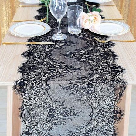 16x120-tommers svart blonder bordløper - stilig floral boho bryllupsdekor