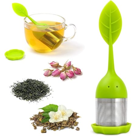 Løse te-infusere, silikone te-infuser finmasket løs te-si, silikone låg te kop filter til løs te eller urtete (1 pakke, grøn)