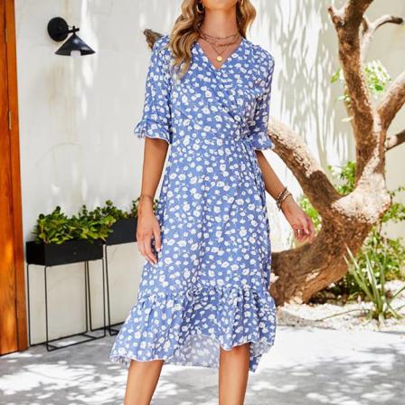 Midi-klänning, Kortärmad, V-ringad Vintage , Vintageklänning För Kvinnor