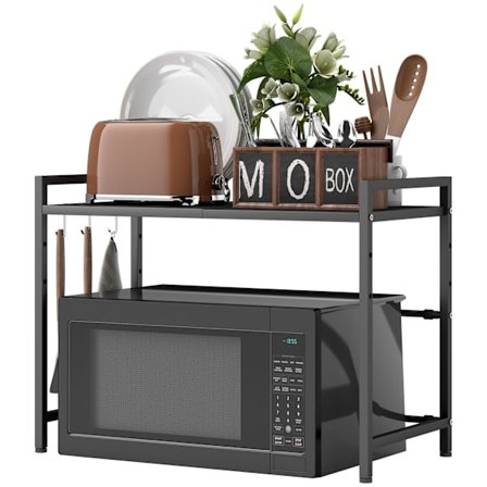 Mikrovågshylla, 3 krokar, utdragbar, metall, 40 cm hög, svart