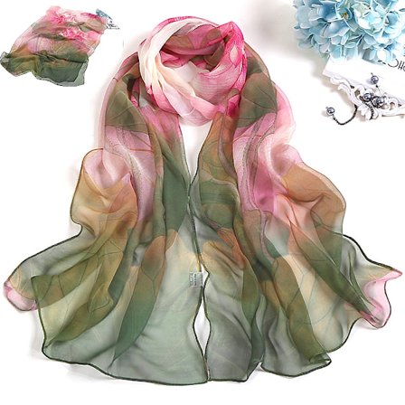 Tynt sommerskjerf, nakkeskjerf, festlig, sjal, grønn rosa blomstermønster (160x50 cm), dameskjerf, vakker