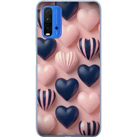 Yhteensopiva Puhelinkuori Xiaomi Redmi Note 9 4G Pehmeät kolmiulotteiset sydämet vaaleanpunaisessa ja merensinisessä sävyssä romanttisessa kuosis