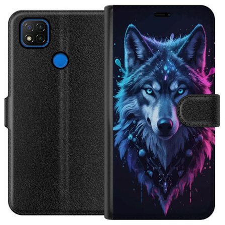 Kompatibelt Lommeboketui til Xiaomi Xiaomi Redmi 9C Mystisk Ulveportrett i Neonblått og Lilla Glød