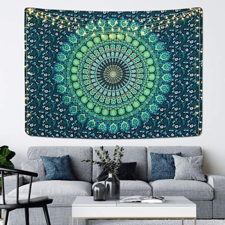 Bohemian Mandala Tapestry Hippie Veggtepper Psykedelisk Påfugl B