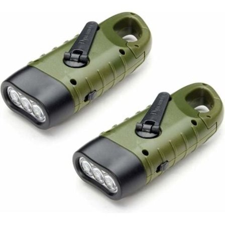 Uppladdningsbar solfackla (2-pack), LED handvev dynamo nödficklampa för vandring resor camping klättring, armégrön