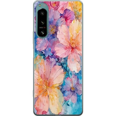 Yhteensopiva Puhelinkuori Sony Sony Xperia 5 IV Vesivärimaalaus suurilla kukilla vaaleanpunaisissa, sinisissä ja keltaisissa sävyissä pehmeässä