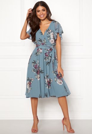 Goddiva Flutter Floral Midi Dress Air Force Blue Vaatteet
