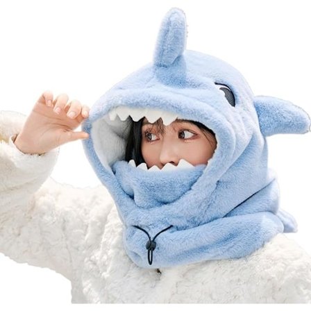 Skihjelmtrekk med tegneseriehai, varmt, komfortabelt og mykt fleece-hodeplagg for ski om vinteren.