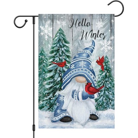 Hello Winter -tonttupuutarhalippu 12x18 kaksisivuinen pellava Punakardinaalit Lumikiteet Lumi Puutarha Piha Liput Joulukoristeluun (VAIN LIPPU)