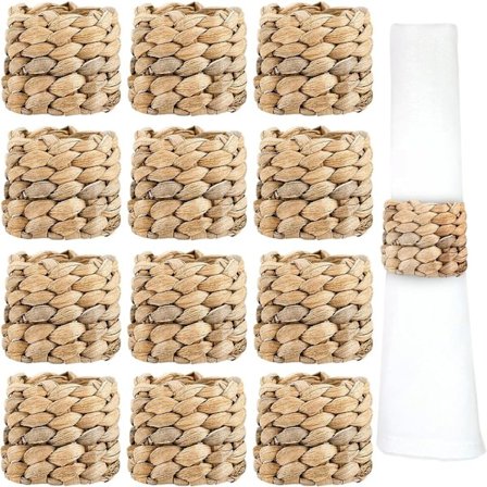 12-pakning vevde serviettringer, naturlig vannhyasint serviettholder for rustikk borddekorasjon
