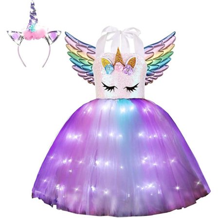 Enhörningsdräkt för flickor Led Light Up Tutu Dress Up Födelsedagspresenter Prinsessklänning till Halloweenfest