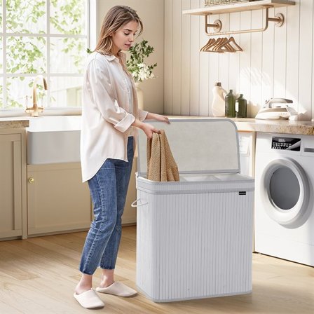 Tvättkorg i bambu med lock 150L - Grå