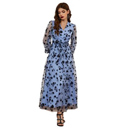 Kvinnors V-ringad Långärmad Blommig Printed Spetsklänning Blue L