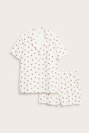 Kappahl | Sydänkuvioinen naisten pyjama Luonnonvalkoinen XS | Luonnonvalkoinen