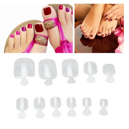 550 stk. falske tånegle, fuld dækning, transparente, ultratynde, multi-størrelse, åndbare tåneglspidser med opbevaringsboks (W)