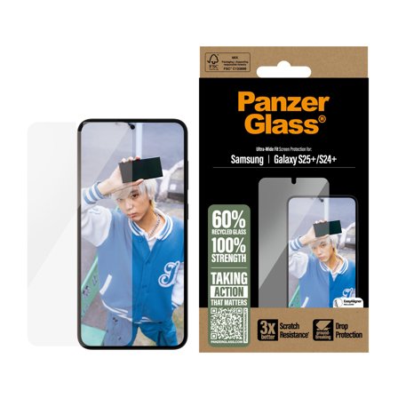PanzerGlass Galaxy S25+ Skjermbeskytter Ultra-Wide Fit, 3x bedre motstand mot riper, 60 % resirkulert plast