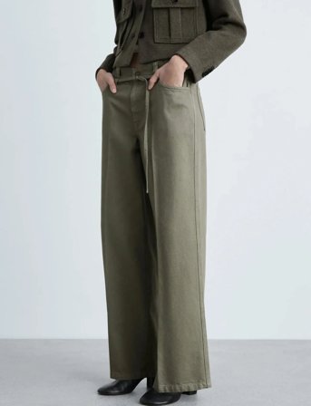 Mango Wide Leg Jeans With Belt Detail - Khaki green - 36
